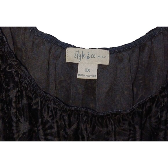 Womens Sheer Velvet Burnout Top Plus Size 0X Black Pom Pom Sleeve Boho Holiday - Picture 4 of 9